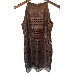 White house black market brown and gold short dress wedding guest fancy night ou
